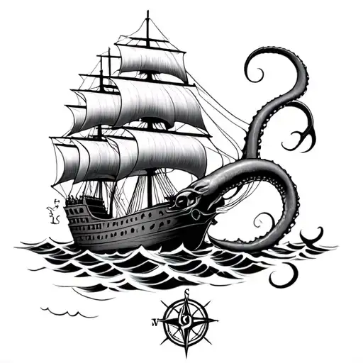 giant squid destroying a ship sailing with skulls and compass tattoo design idea