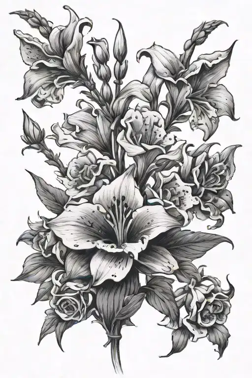 3 big individual flowers: foxglove, rose, lily with long stems tattoo design idea