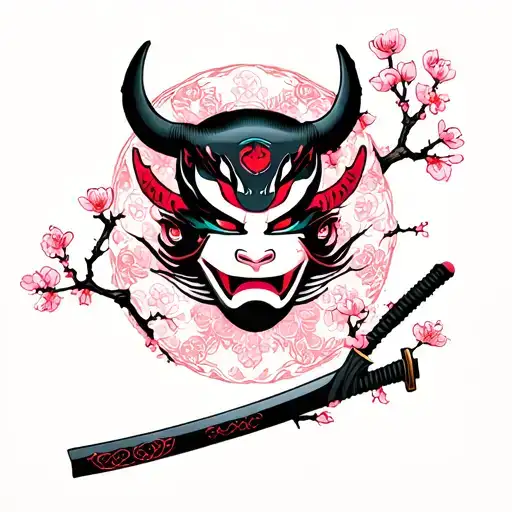 Sakura tree branch with oni mask katana tattoo design idea