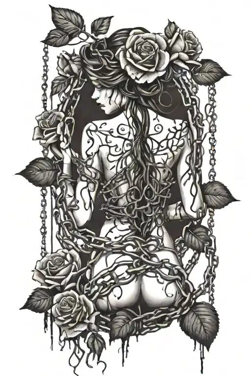 Silhouette of a naked girl, roots growing out of chains, roses tattoo design idea