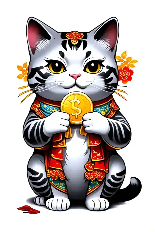 “A traditional Japanese tattoo design featuring a Maneki Neko (beckoning cat) holding a golden coin, colorful Koinobori tattoo design idea