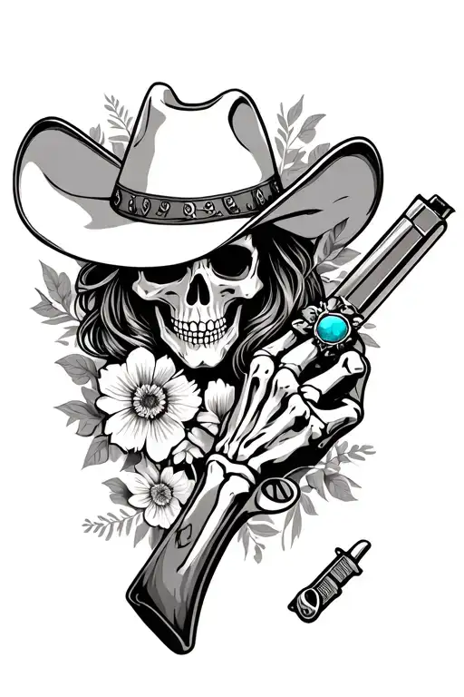 cowgirl skull wearing cowboy hat surrounded by desert, gun with flowers, skeleton hand with turquoise rings tattoo design idea