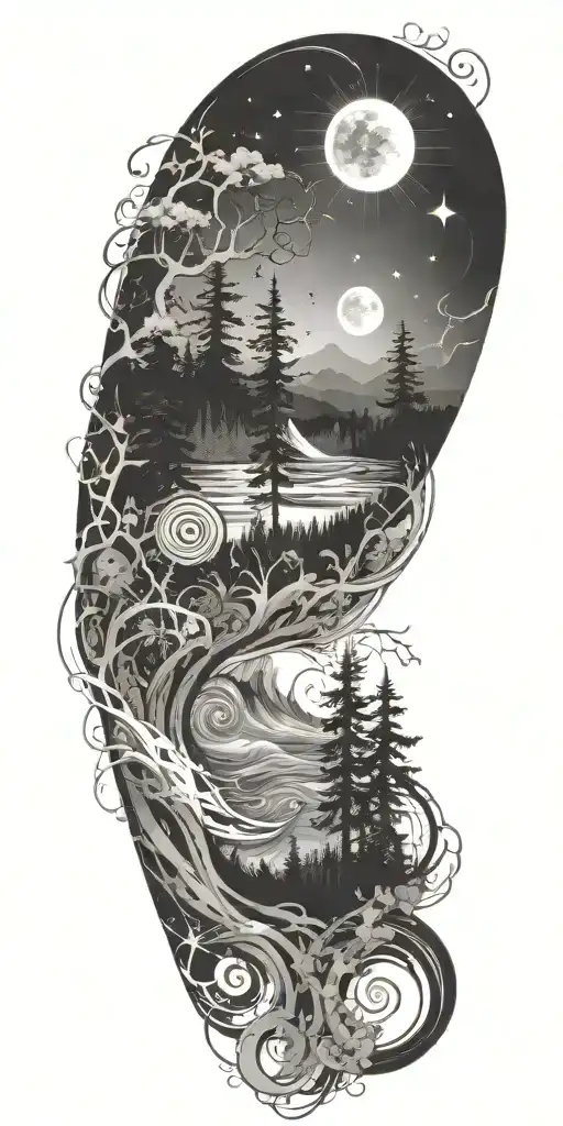 flowing waves, surrounded by a mystical forest scene, with subtle elements of sacred geometry and glowing stars in b&w tattoo design idea