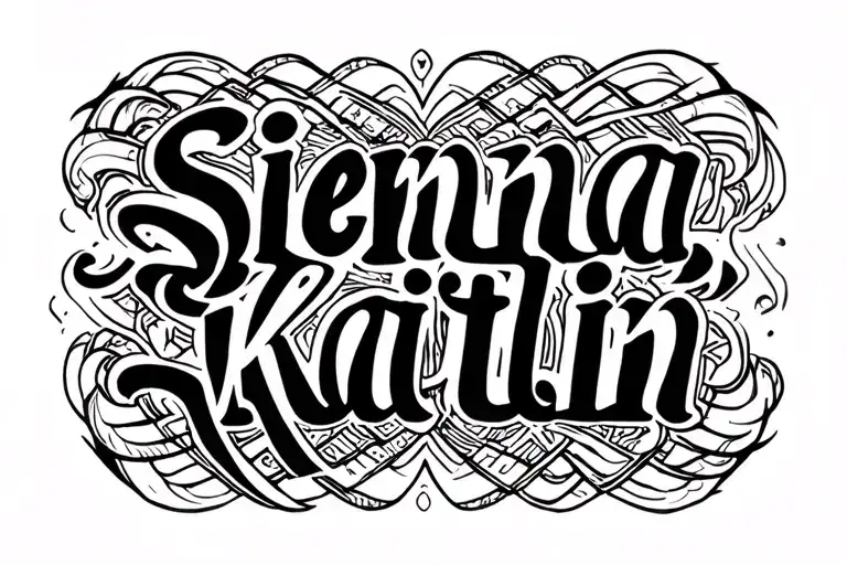 ambigram of the words "Sienna, Kaitlin" ensure Sienna can be read in one direction and Kaitlin can be read upside down tattoo design idea