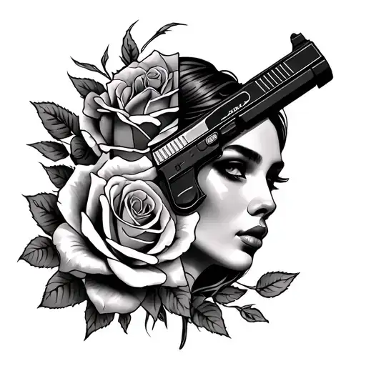 clock, half woman's face money rose and glock tattoo design idea