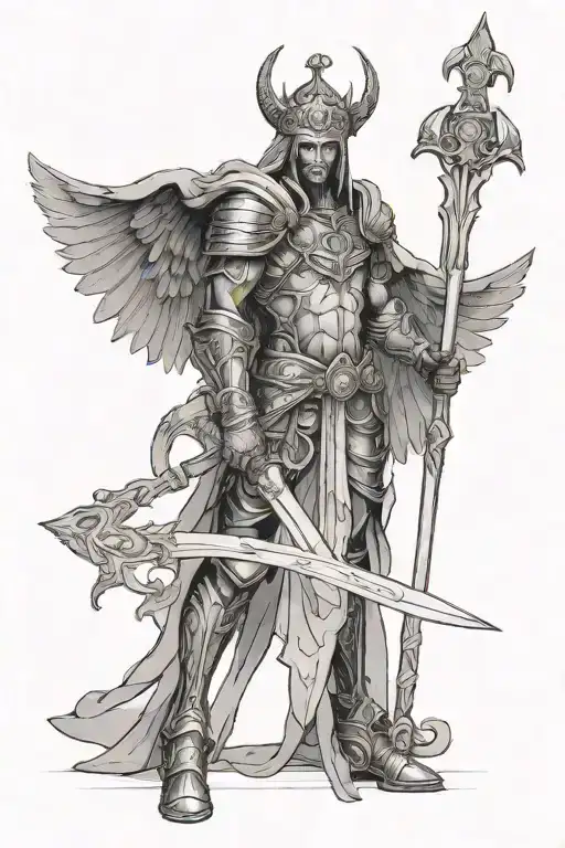 a seraph with six wings behind his back, with a scythe in his hands, in armor and a crown on his head, his face hidden behind a veil tattoo design idea