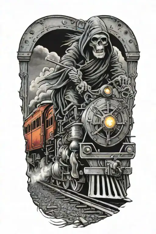 Grim Reaper driving an evil railroad train like rat fink tattoo design idea