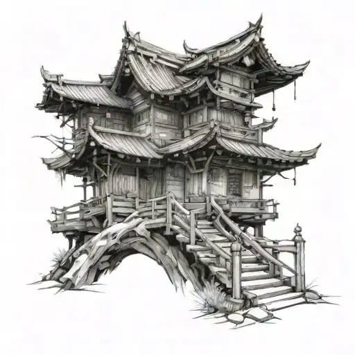 a sketch in Japanese style, it will have a wooden, old and overgrown staircase, and at its base there will be a ronin tattoo design idea