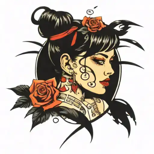 XXX girl surrounded by music notes tattoo design idea