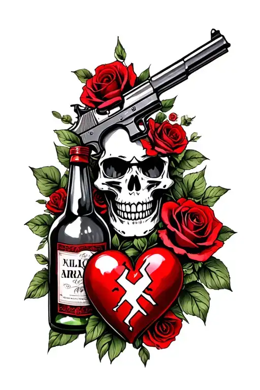 skull with roses and liquor bottle and gun with broken heart tattoo design idea