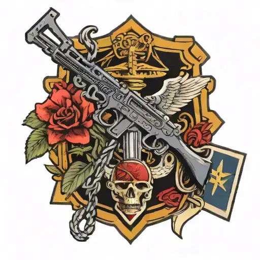 marine corps emblem, Assault rifle, Philippians 4:13, a cross, and Ares god of war tattoo design idea