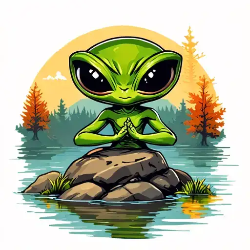 Cute little green alien meditating on a rock in the shallow part of a river during autumn tattoo design idea