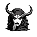 Dying Indian lady wearing a hijab black demon eyes , seductive long wavy tongue, big satanic horns tattoo design idea