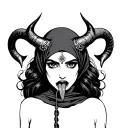 Dying Indian lady wearing a hijab black demon eyes , seductive long wavy tongue, big satanic horns tattoo design idea