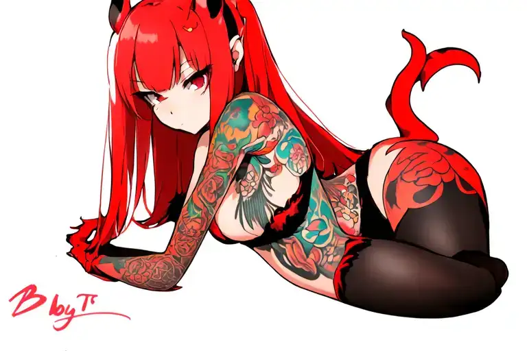"Zero Two baby" reinterpretation as a red demon child. Pose: lying on her right side, knees slightly curled, right arm s tattoo design idea