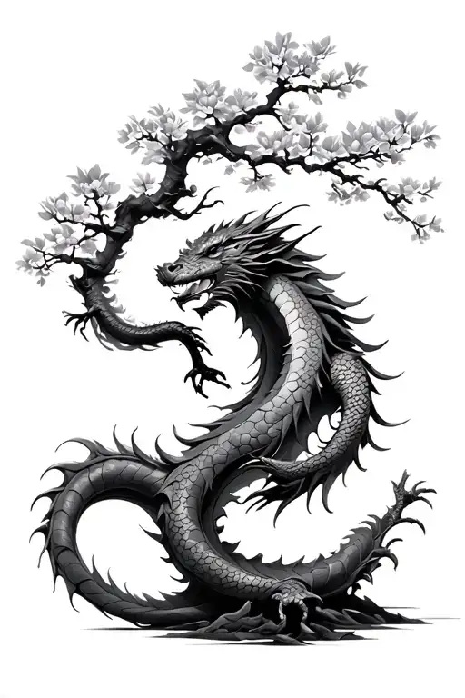 cherry blossom tree and a dragon wrapped round tattoo design idea