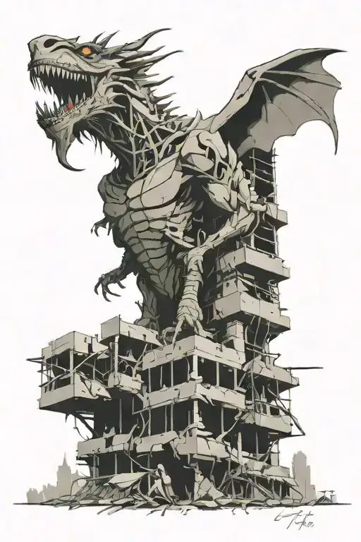 A beast emerging from between two collapsing skyscrapers that were hit by a Boeing 767 tattoo design idea
