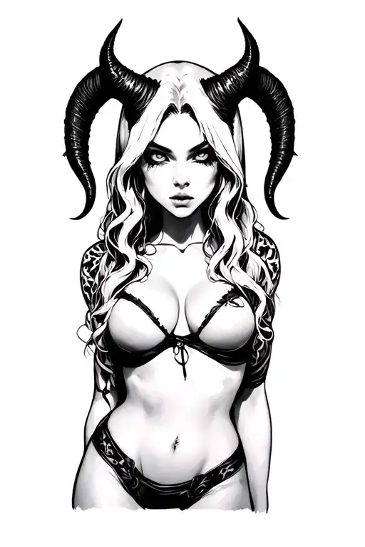 Sexy Pale Girl, Petite, Big Boobs, Wide Hips, G-string, Demonic Horns, Sexual... hood, white eyes, dark hair tattoo design idea