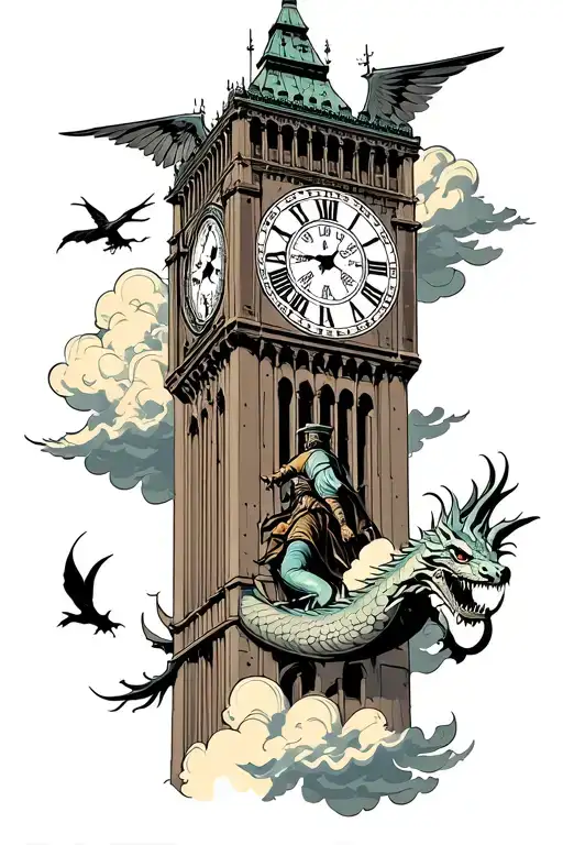 clock tower surrounded by clouds floating with roman numerals and coordinates next to it. headless rider on dragon flyin tattoo design idea