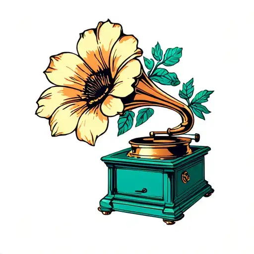 gramophone flowers growing tattoo design idea