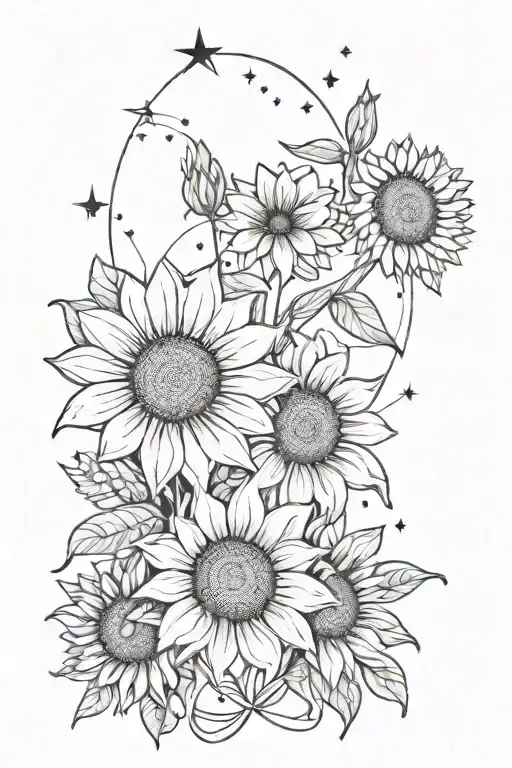 SUNFLOWERS AND LILIES WITH DAISIES INTERTWINED WITH AN ARIES CONSTELLATION  tattoo design idea
