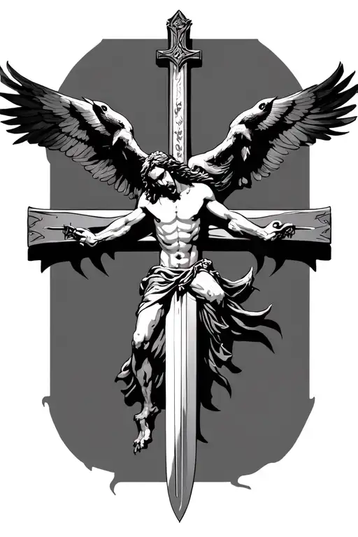 jesus on a sword cross, with crows wings and flying with claws no background tattoo design idea