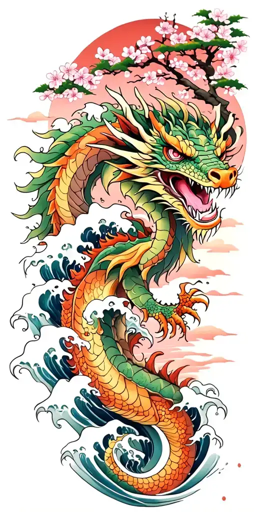 A fierce dragon emerging from the ocean waves with cherry blossom trees in the background tattoo design idea