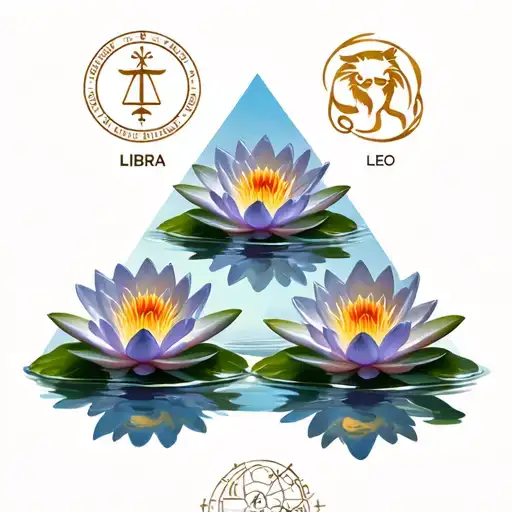 3 water lilies in a triangle formation with the Libra, Gemini and leo zodiac sign floating above each indiv. lily tattoo design idea
