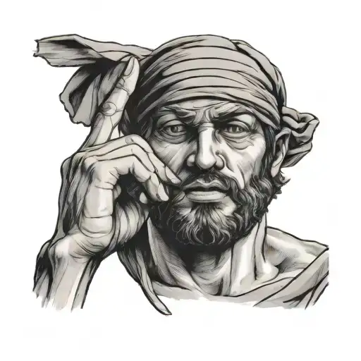 greek man pulling up half his blindfold covering his eyes with a finger over his mouth indicating to be quiet  tattoo design idea