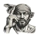 greek man pulling up half his blindfold covering his eyes with a finger over his mouth indicating to be quiet  tattoo design idea