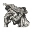 greek man pulling up half his blindfold covering his eyes with a finger over his mouth indicating to be quiet  tattoo design idea