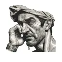 greek man pulling up half his blindfold covering his eyes with a finger over his mouth indicating to be quiet  tattoo design idea