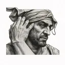 greek man pulling up half his blindfold covering his eyes with a finger over his mouth indicating to be quiet  tattoo design idea