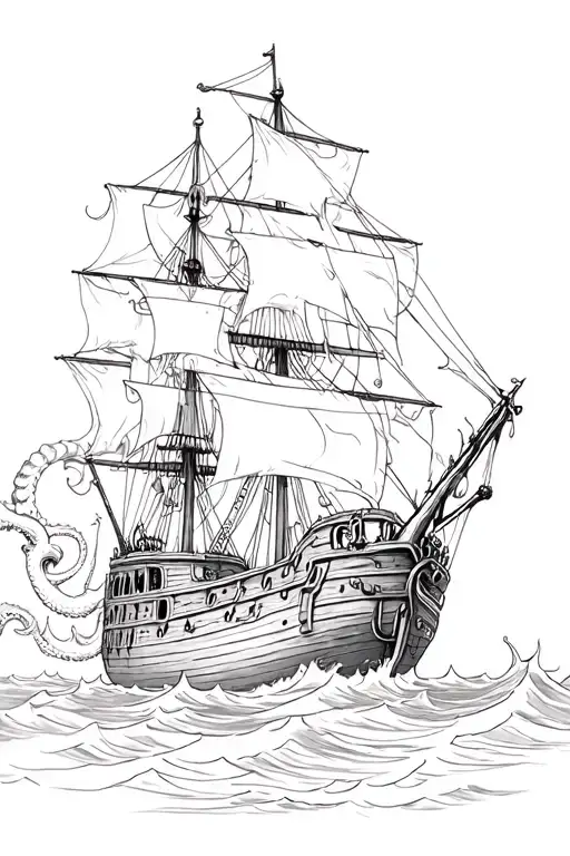 pirate ship attacked by kraken taking tattoo design idea