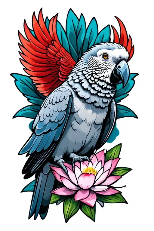 african grey parrot with red tail on blue lotus flower tattoo design idea