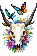 A Longhorn skull with butterflies, hummingbirds, and flowers tattoo design idea