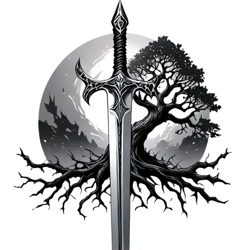 sword of narsil with tree of Gondor growing out of swords shards tattoo design idea
