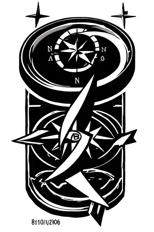 arrow through compass running north to south, 8/10/2006 in roman numerals outside design, two stars  tattoo design idea