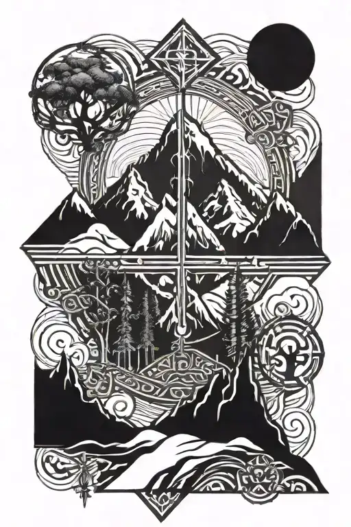 mountain range with trees and overlooking a cross surrounded tattoo design idea