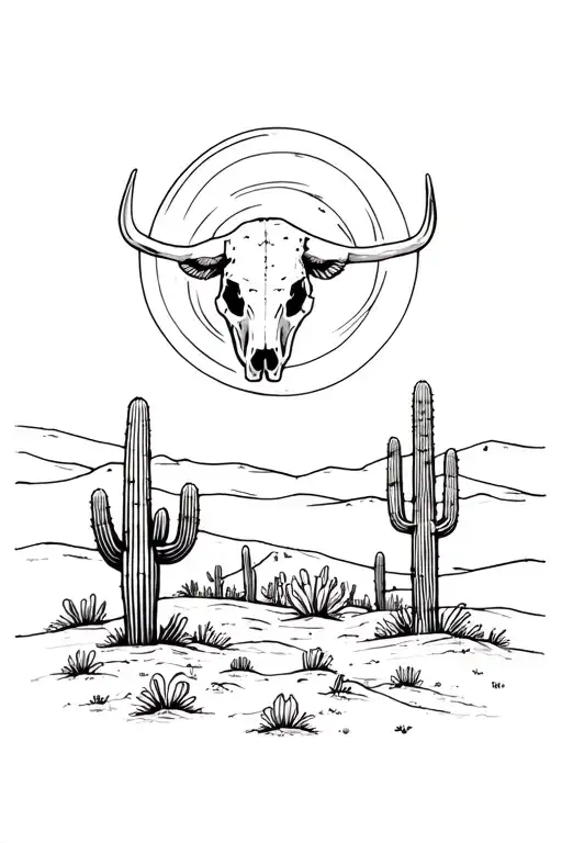 cactus and cow skull under the moon desert scene tattoo design idea