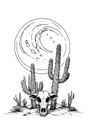 cactus and cow skull under the moon desert scene tattoo design idea