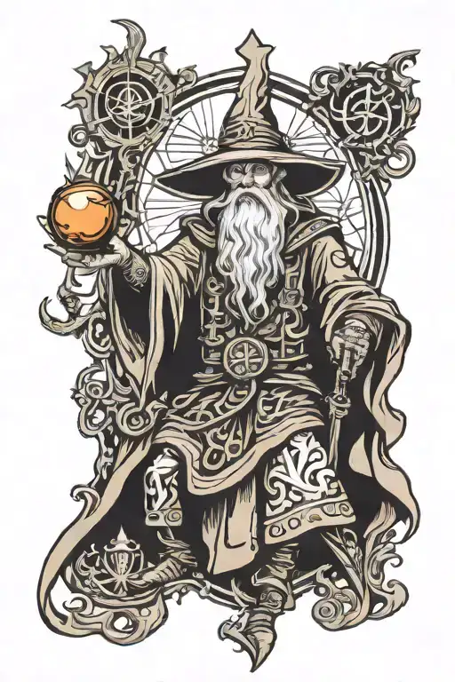 medieval wizard casting a spell tattoo design idea