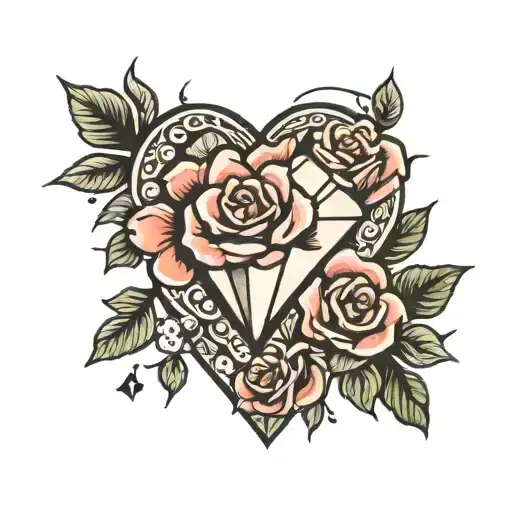 Diamond Heart with Roses with space inside for text tattoo design idea