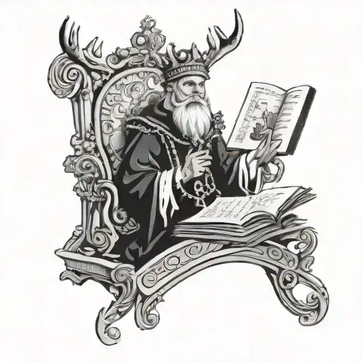 magician tarot card depicting a druid-style magician wearing a crown of antlers standing in behind a magic book tattoo design idea