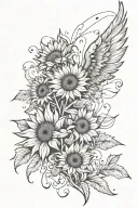 An abstract art piece incorporating sunflowers, leather textures, and angel wings tattoo design idea