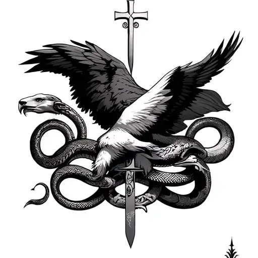 neo tribal; cross; eagle; knife; snakes; lion; tattoo design idea