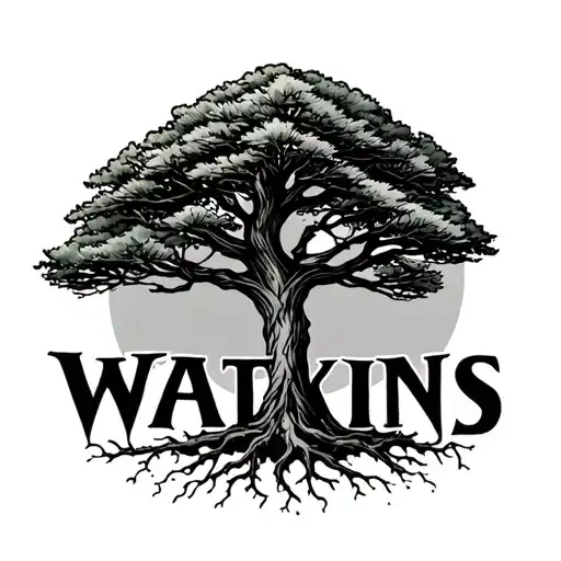 Tree tatoo with roots spelling WATKINS, one branch spelling Juniper, another branch spelling Cypress and a third branch  tattoo design idea
