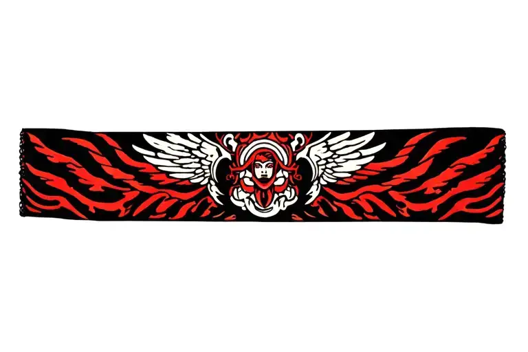 wrist band medieval, mystic, japanese, temple angel black tattoo design idea