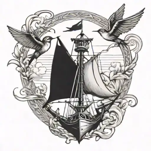 ship anchor and two swallow birds flying one high and one low tattoo design idea