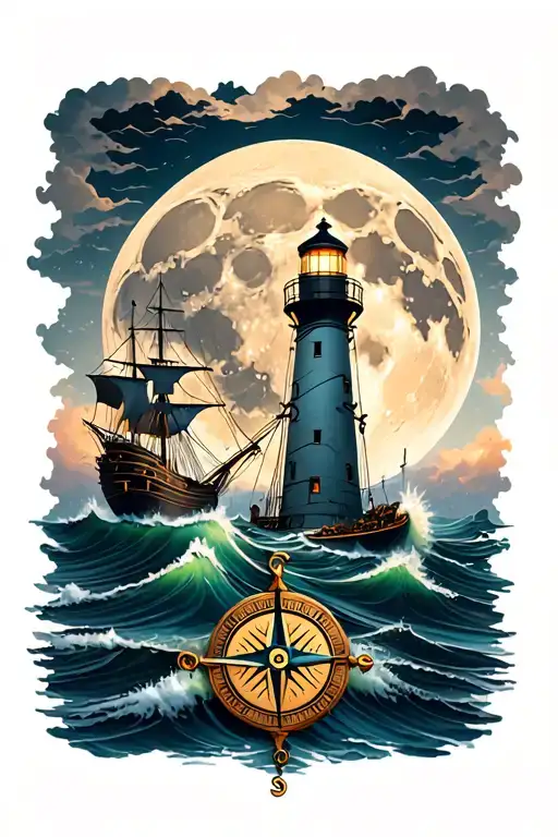 full moon in background, then a lighthouse, below and to the side a ship, stormy seas and below it all a 3d compass tattoo design idea